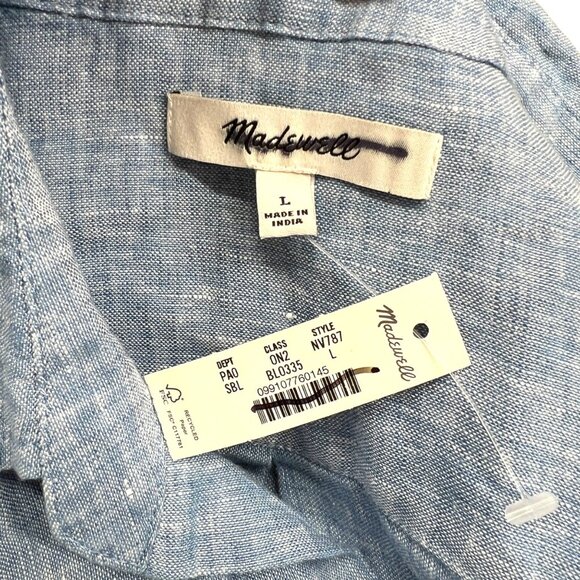 Madewell Shirred Button-Up Shirt In Linen-Cotton Blue Size Large NWT - Picture 10 of 13